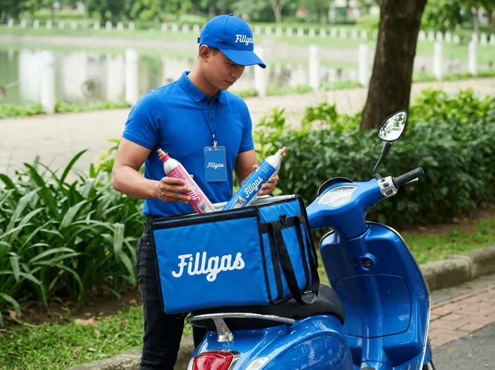 Entregador da Fillgas guardando cilindros de CO₂ no baú da moto
